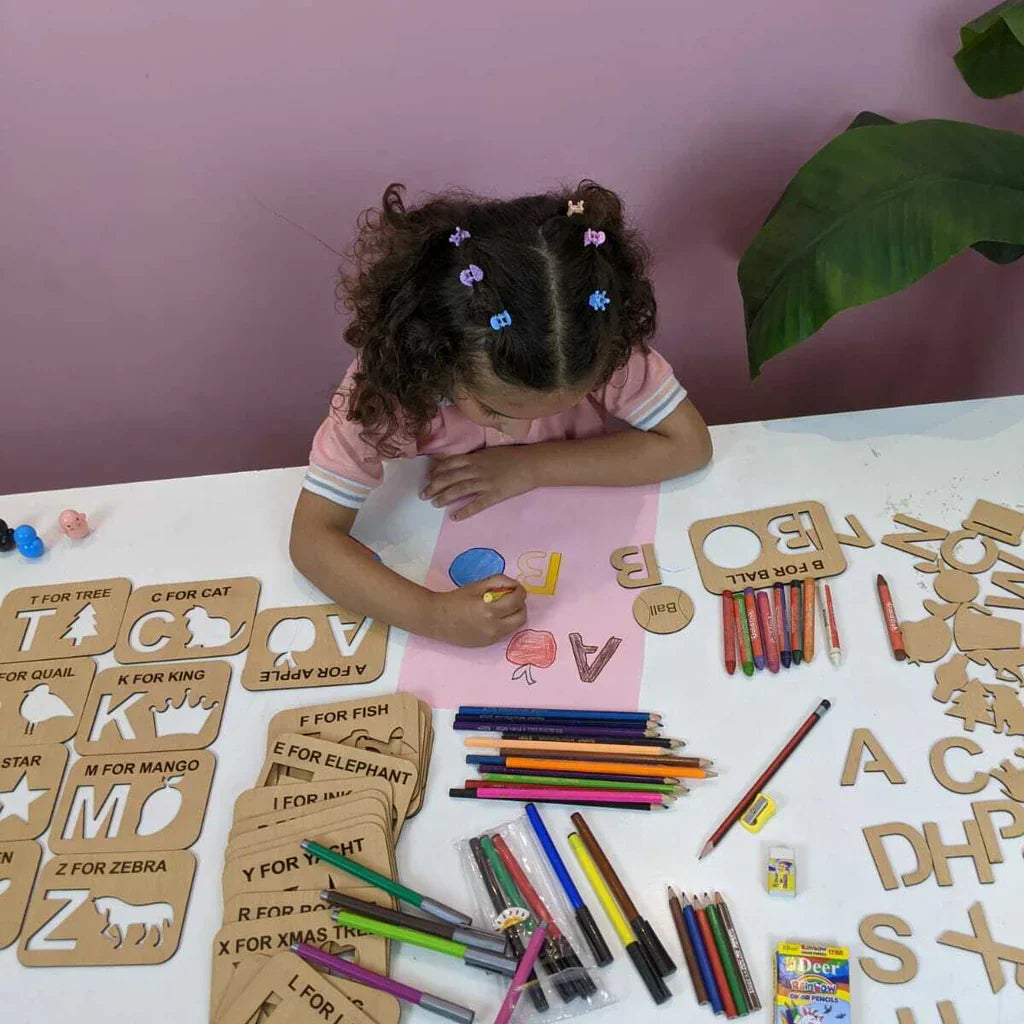 Wooden Alphabet Stencils Set Urdu/ English with Pencil & water color