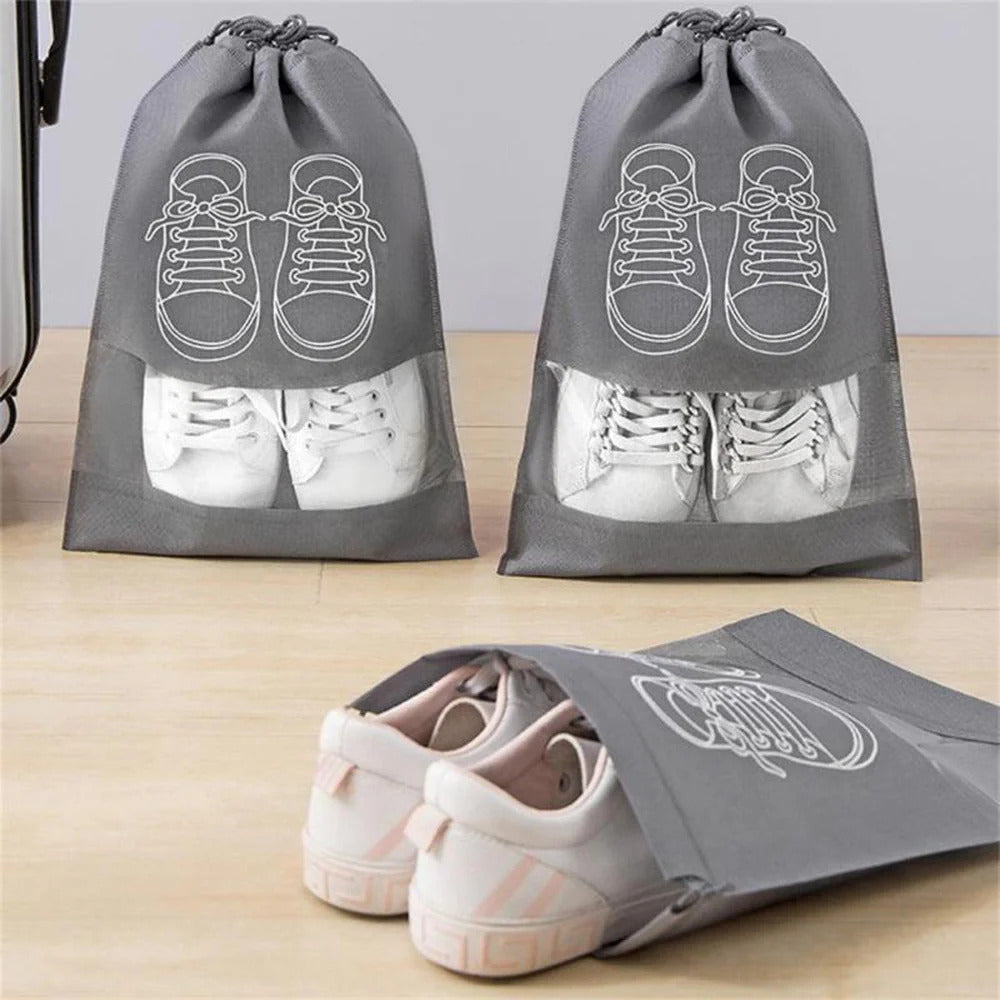 Grey Non-Woven Fabric Dustproof Drawstring Bag, Pack Of 4 Travel Shoe Storage Bag, Breathable Storage Pouch With Visual Window