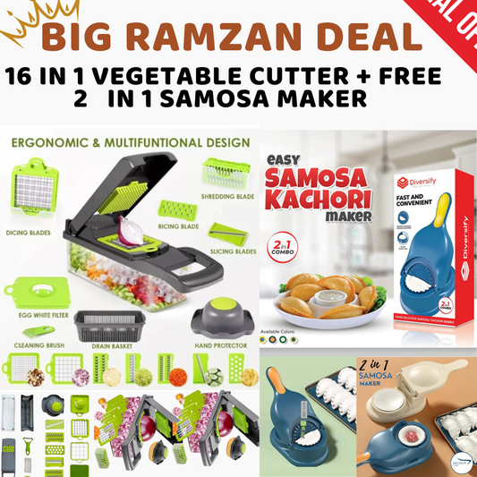 RAMAZAN OFFER (16 IN 1 VEG CUTTER + FREE 2 IN 1 SAMOSA MAKER)