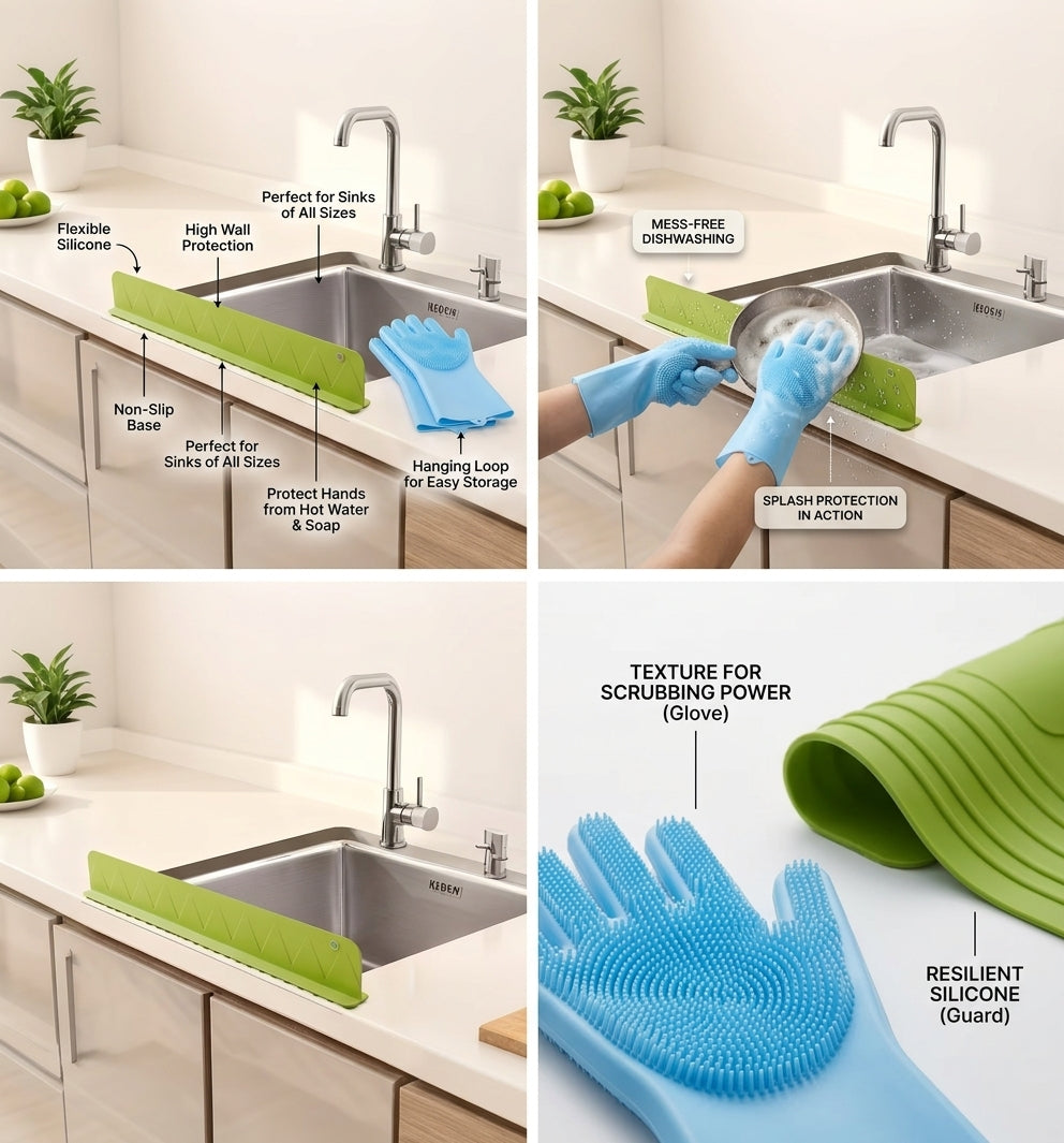 2-in-1 Smart Kitchen Saver Pack – Silicone Splash Guard & Scrubbing Dishwashing Gloves