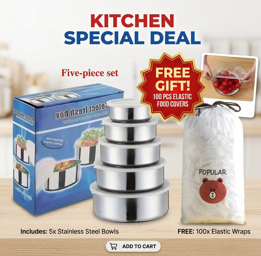 5-Pcs Stainless Food Storage Container Set + FREE 100 Pcs Elastic Food Covers
