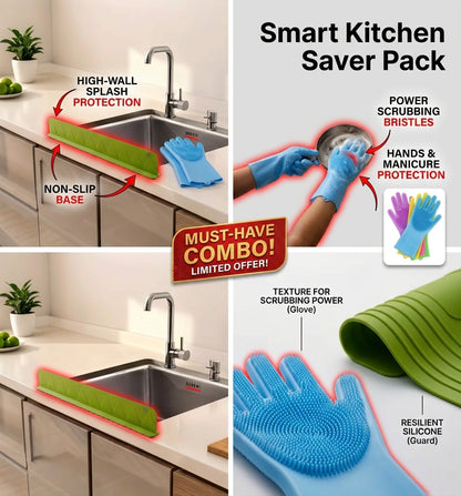 2-in-1 Smart Kitchen Saver Pack – Silicone Splash Guard & Scrubbing Dishwashing Gloves
