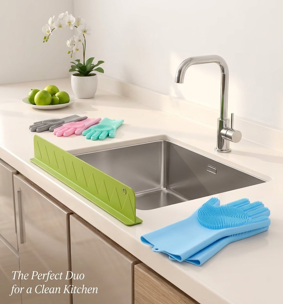 2-in-1 Smart Kitchen Saver Pack – Silicone Splash Guard & Scrubbing Dishwashing Gloves