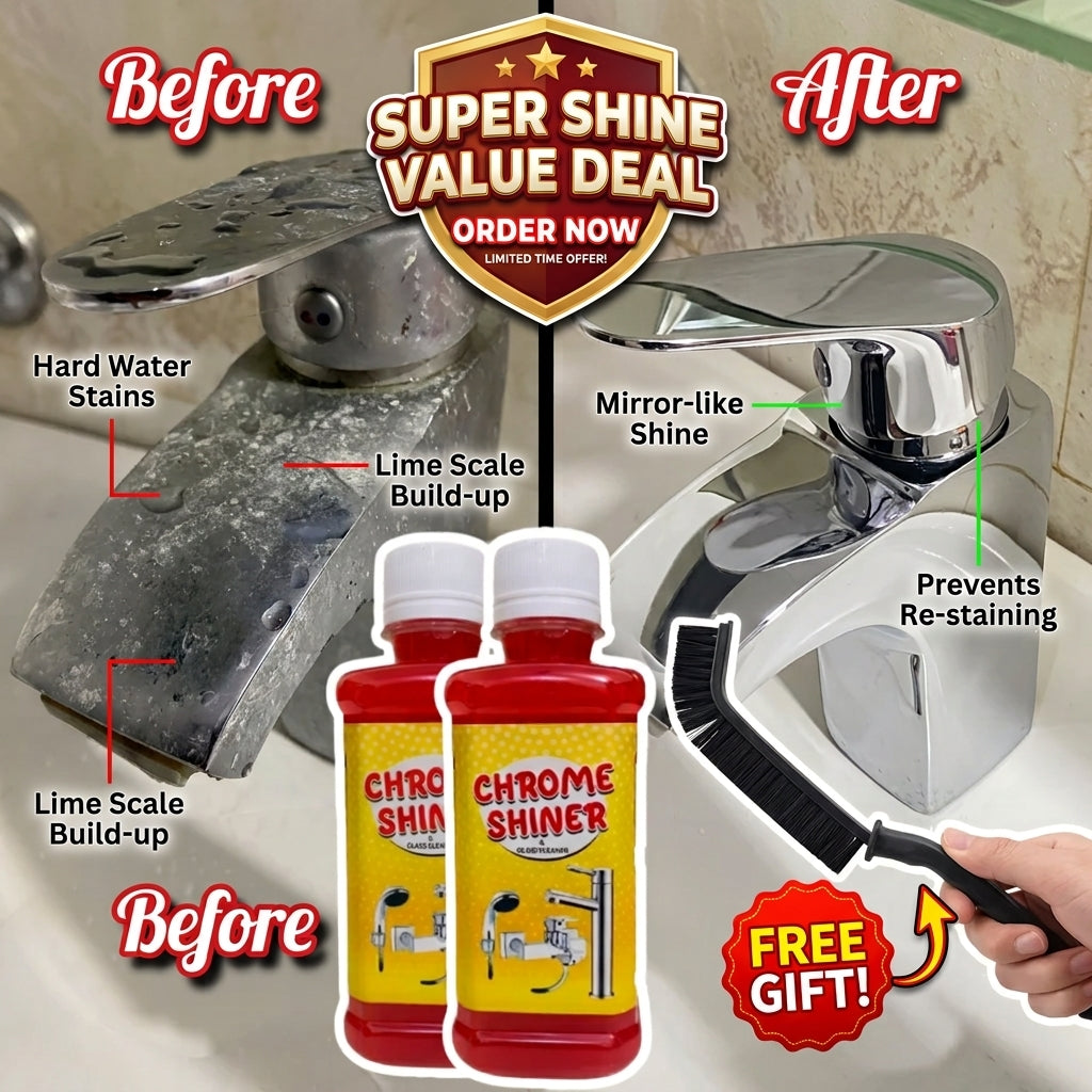 2 Bottles Chrome Shiner with FREE Brush – Ultimate Shine for Taps, Glass & Sanitary