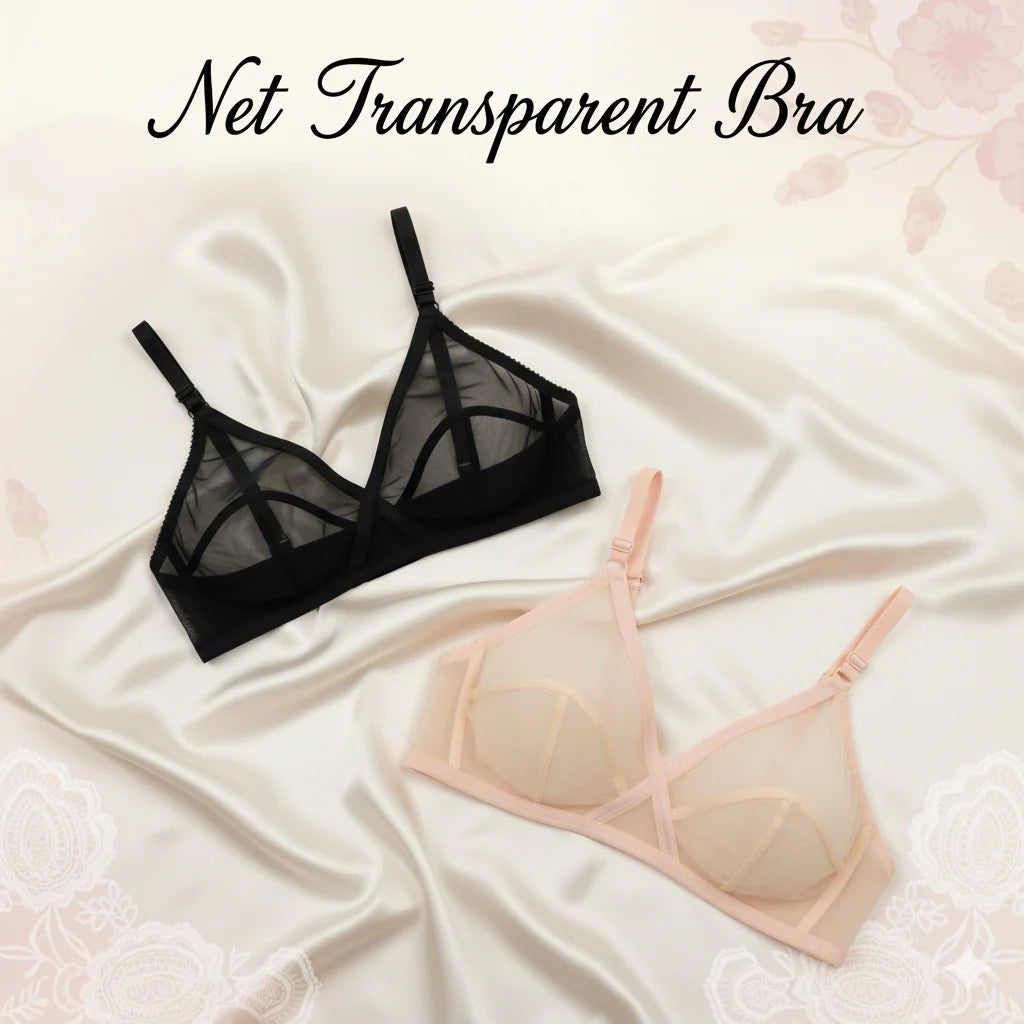 Pack of Non-Padded & Non-Wired Full Net Transparent Cotton Bras